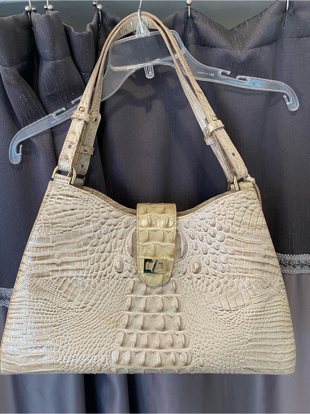 Brahmin Croc-Embossed Shoulder Bag in Beige with Gold Hardware